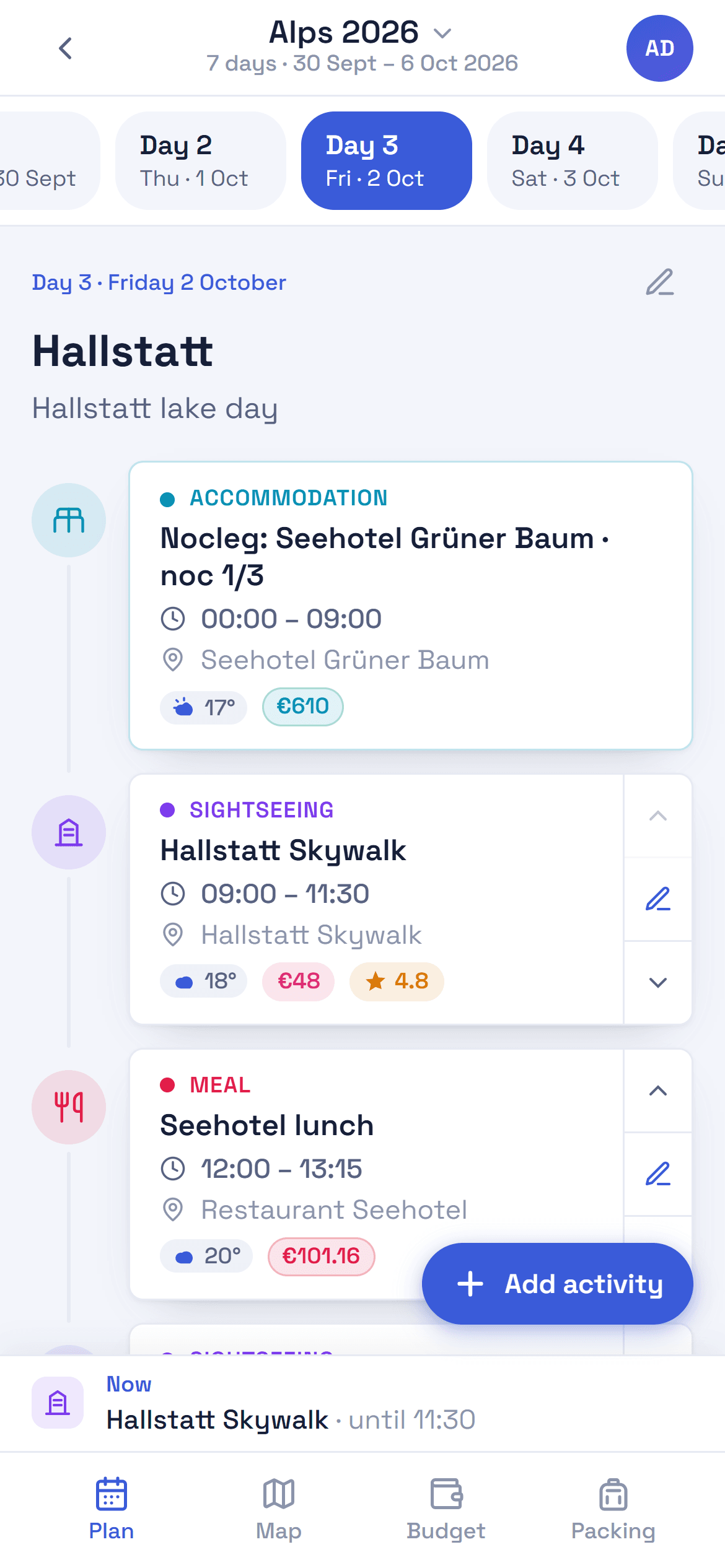 Screenshot: day timeline with the trip plan