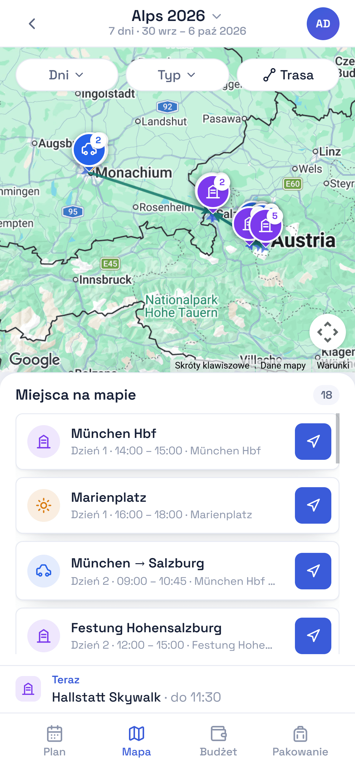 Zrzut ekranu: mapa ze wszystkimi miejscami wyjazdu
