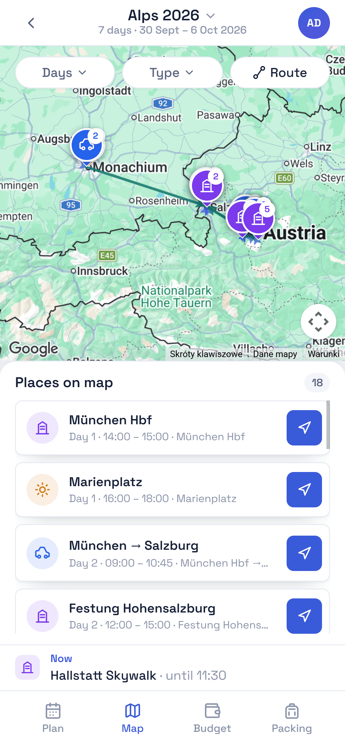 Screenshot: map with all trip places
