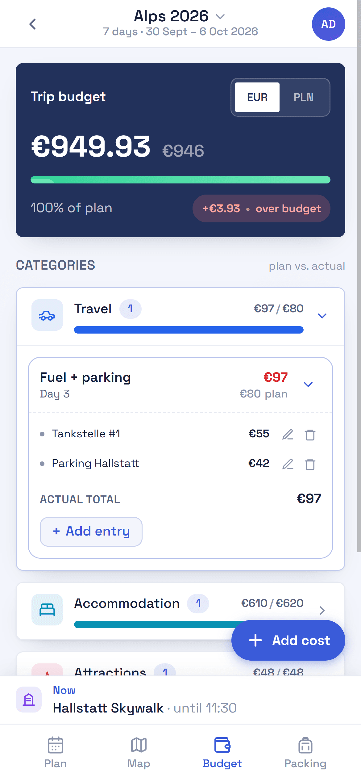 Screenshot: budget dashboard plan versus reality