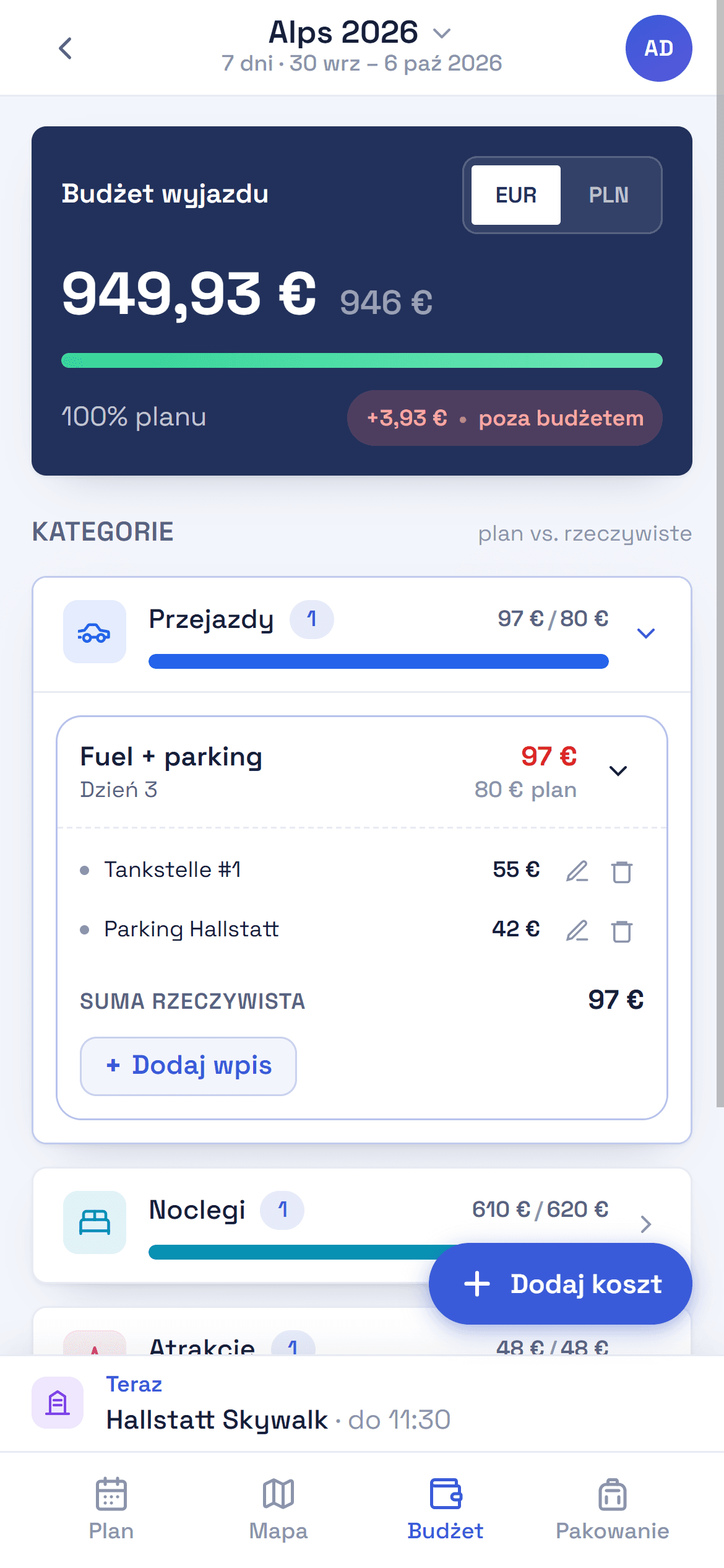 Zrzut ekranu: dashboard budżetu plan kontra rzeczywistość