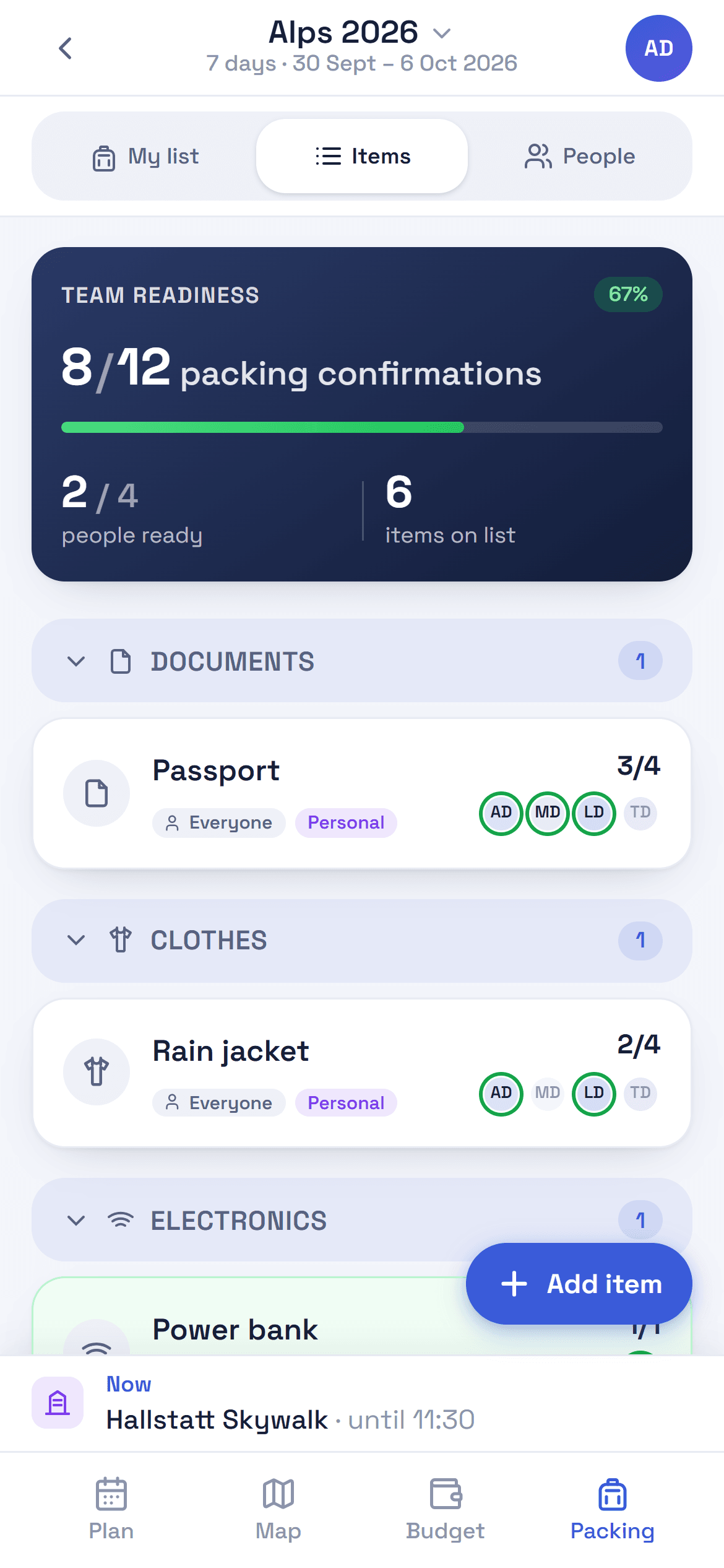 Screenshot: packing list