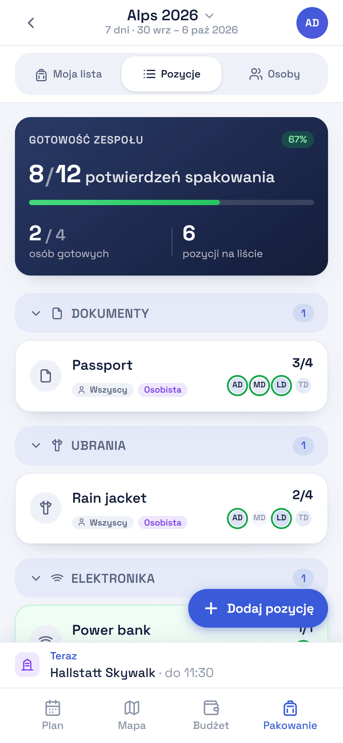 Zrzut ekranu: lista pakowania